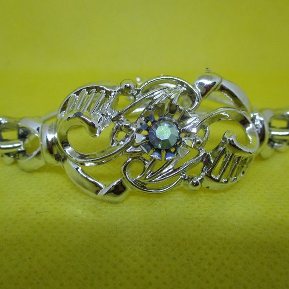 AB Rhinestone Silver Tone Bracelet Ornate Open Work Arora Borealis Rhinestone - Picture 7 of 11